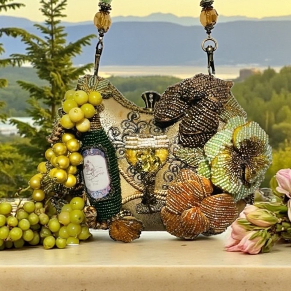 Mary Frances “Vineyard Soirée” Wine & Grapes Beaded Wearable Art Evening Bag